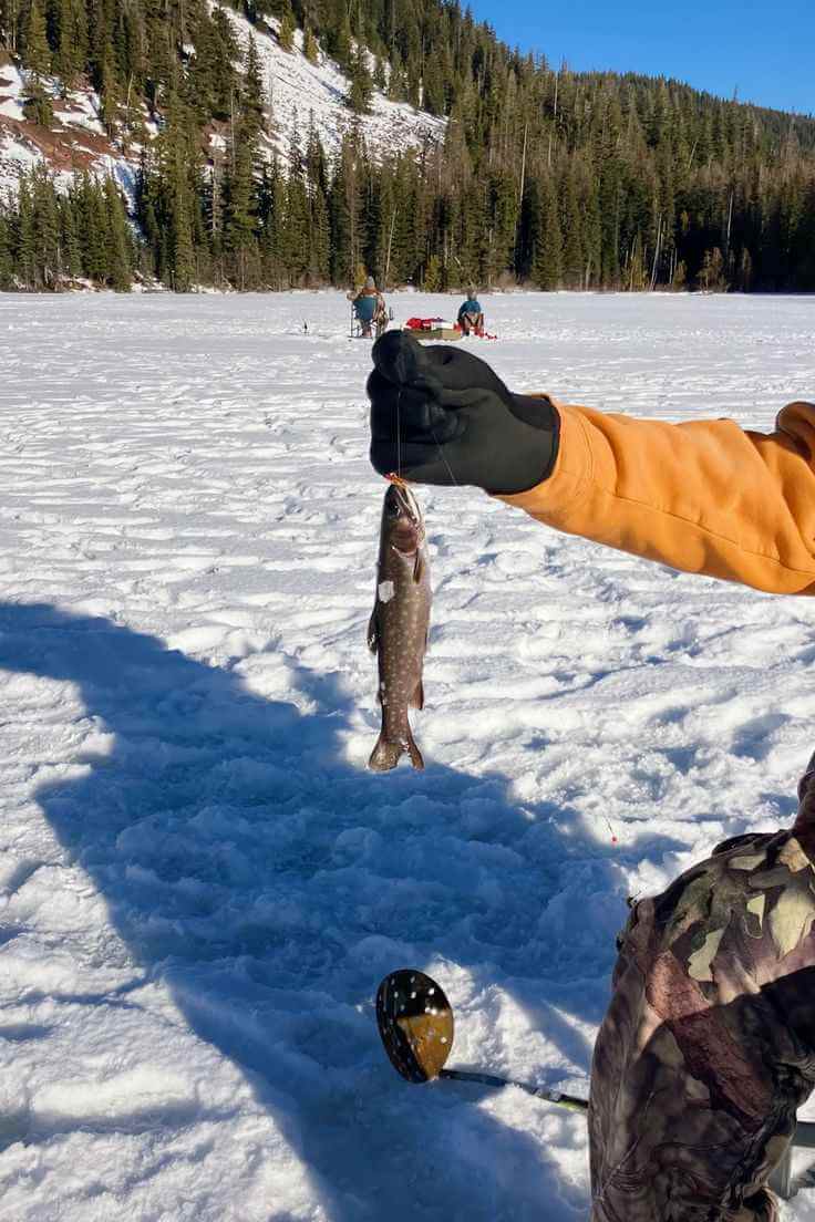 Инструктор IceClub показывает технику ice fishing участникам клуба на льду.